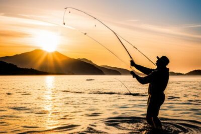 Silueta de un pescador vadeando y lanzando la caña al atardecer tecnica lanzamiento pescar dorados guia consejos efectivos