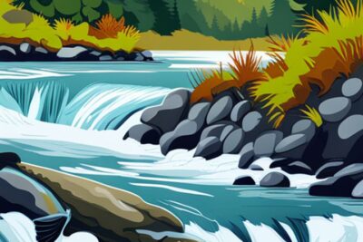 Ilustración de una trucha remontando rápidos entre rocas y bosque, tecnicas pesca efectivas truchas aguas rapidas