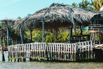 Muelle de madera y palapa sobre agua con pilotes cubiertos de algas, tecnicas pesca hielo