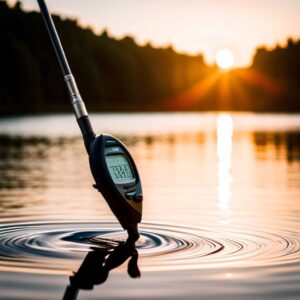 Termómetro digital sumergido en un lago al atardecer midiendo la temperatura del agua, temperatura ideal agua bass consejos recomendaciones