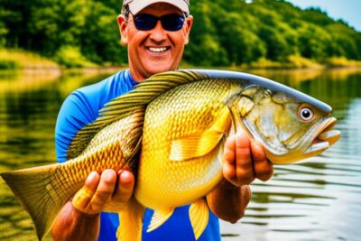 Pescador sonriente sosteniendo un dorado grande en la orilla, temporada pesca dorado consejos beneficios