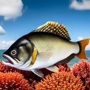 Lubina colorida sobre un arrecife coralino bajo cielo azul, ilustración que invita a conocer tiempo vida promedio lubina datos curiosidades