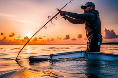 Pescador en bote lanzando caña de mosca al amanecer, tijeras pesca agua salada mosca guia compra.