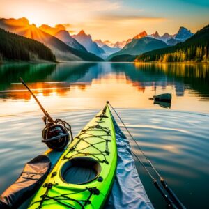 Kayak de pesca con cañas, carrete y sujeciones en un lago al amanecer, tipos accesorios kayak pesca donde encontrar informacion