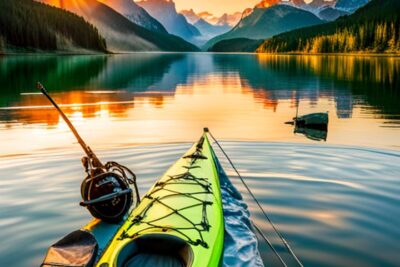 Kayak de pesca con cañas, carrete y sujeciones en un lago al amanecer, tipos accesorios kayak pesca donde encontrar informacion
