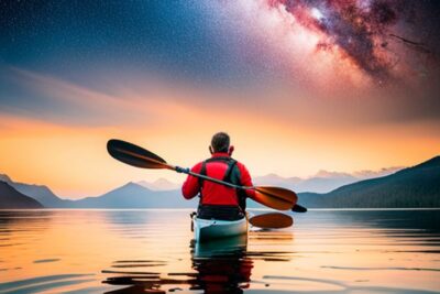 Kayakista solitario que transporta kayak pesca en un lago tranquilo al amanecer bajo la Vía Láctea.