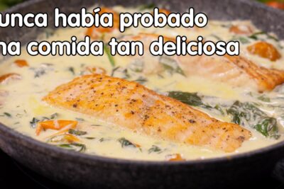 Filetes de salmón dorado en salsa cremosa con espinacas y tomates cherry x4PAphlfa0M.