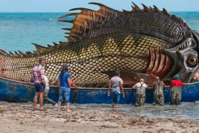 Personas observan un enorme pez xCHzANxBcbw con escamas dentro de un bote azul en la playa