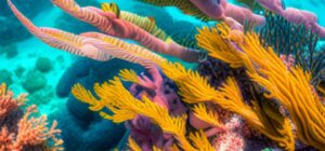 Arrecife coralino vibrante bajo agua con corales amarillos y púrpuras en zonas pesca protegidas conservando biodiversidad marina